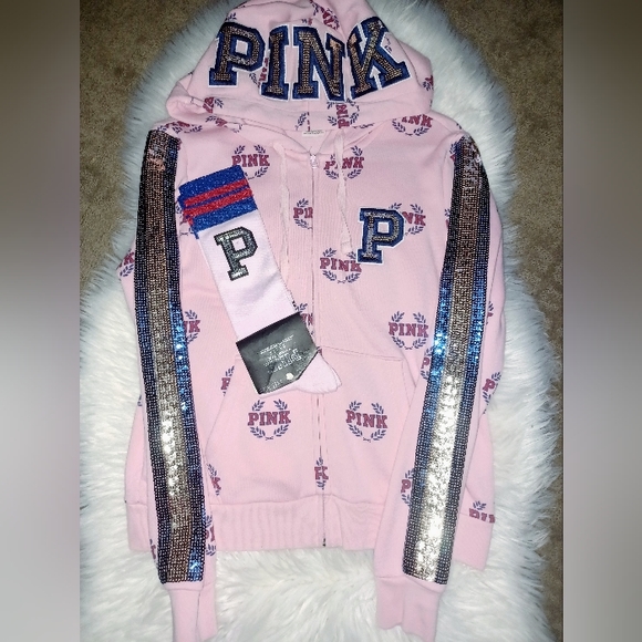 RARE HTF VS PINK LOGO GORGEOUS SEQUINS HOODIE SIZE LARGE LITTLE OVERSIZED - Picture 10 of 12